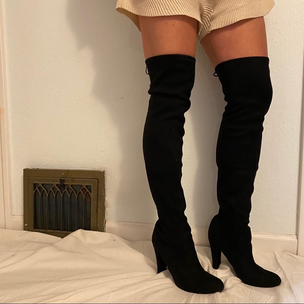 EUC Steve Madden black over the knee boots in box.  4 1/4 inch heel